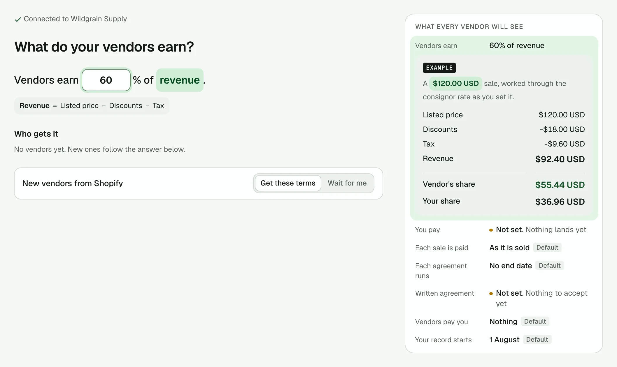Store setup's first question, what vendors earn, with what every vendor will see beside it.